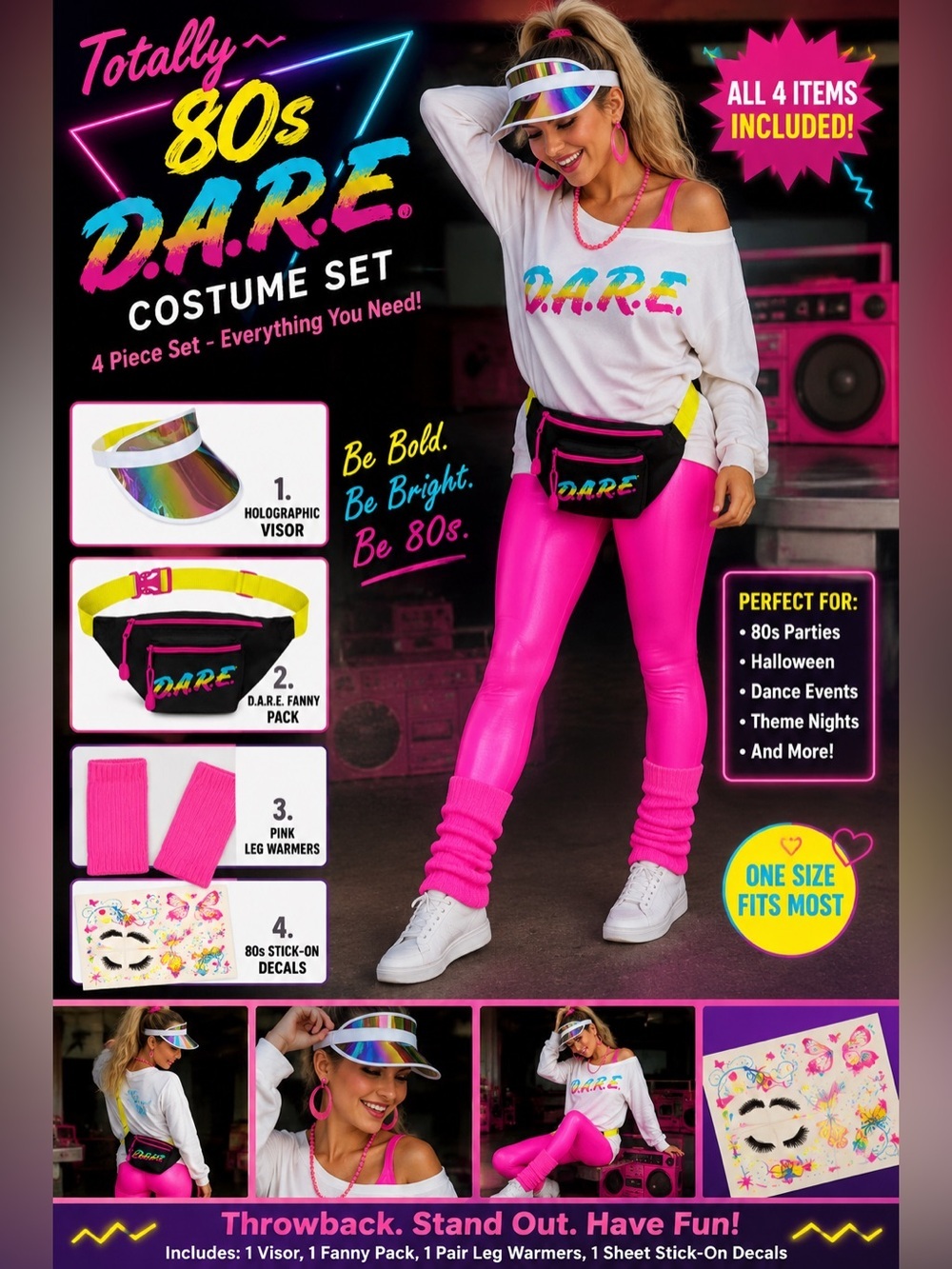 Tipsy Elves Accessory Set –Visor, Fanny Pack, Leg Warmers &Retro Stick-On Decals